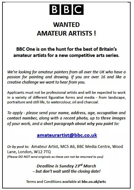 Amateur artists wanted for new BBC arts series! Amateurartist@bbc.co.uk to apply <a href="/givisualarts1/">Givisualarts</a> <a href="/gicreativearts/">Great Island Creative Arts</a> #icc