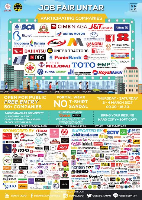Be ready for our #JOBFAIR in March 2nd-4th, 2017! With many companies joined us and

FREE ENTRY for public. Don’t miss it!

Cc: <a href="/BEMFE_UNTAR/">BEM FE UNTAR</a>