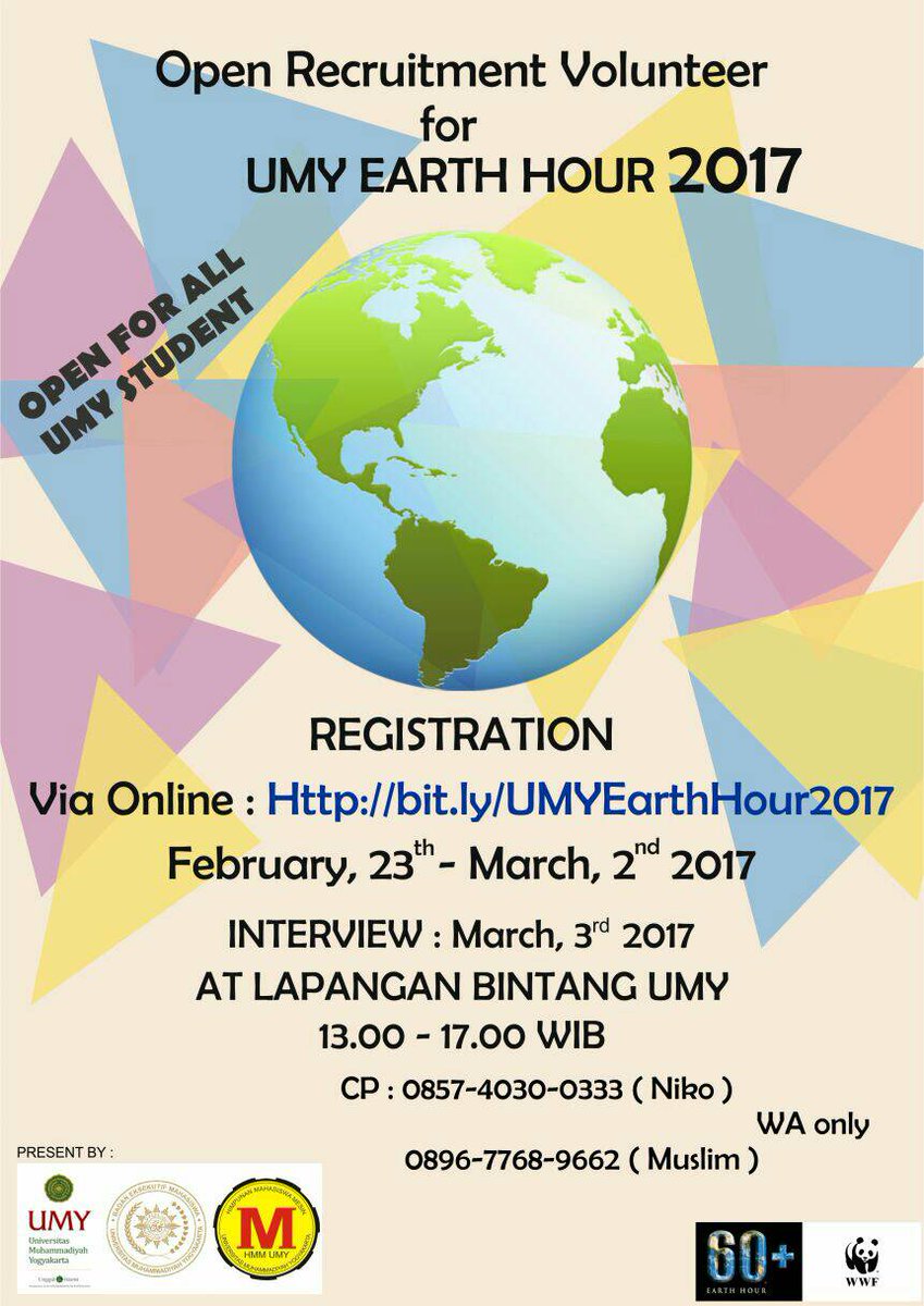 [Open Recruitment Volunteer UMY Earth Hour 2017]
Ayo jadi bagian dari kami sebagai anak muda yang peduli dengan lingkungan bumi. 🙌🙌