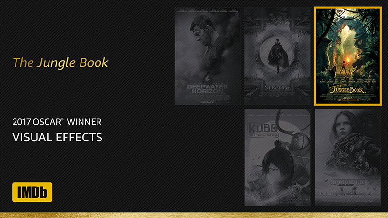 IMDb's tweet photo. And the winner for best Visual Effects is The Jungle Book https://t.co/ZnehkAKUEK https://t.co/1tdmNVQFGA