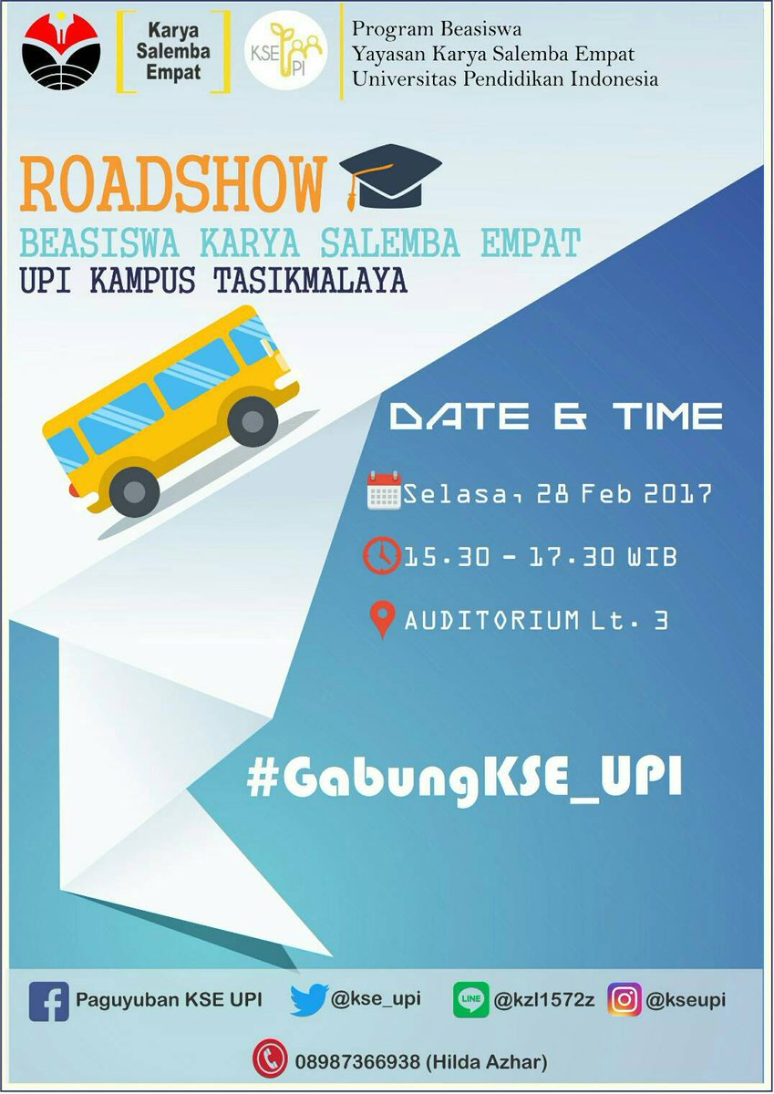Kabar gembira buat kalian, mahasiswa kamda Tasik UPI 
roadshow beasiswa KSE UPI bakal ada di Tasik BESOK 
Jangan sampai ketinggalan  !!!