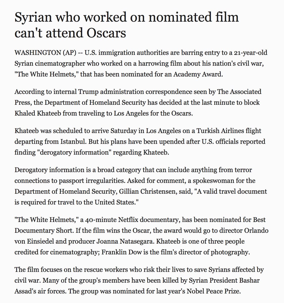 BraddJaffy's tweet photo. Syrian who worked on ‘The White Helmets’ was blocked by the Trump administration from coming to U.S. for the #Oscars https://t.co/adxNjjN9WZ https://t.co/tQoEMbKjUC