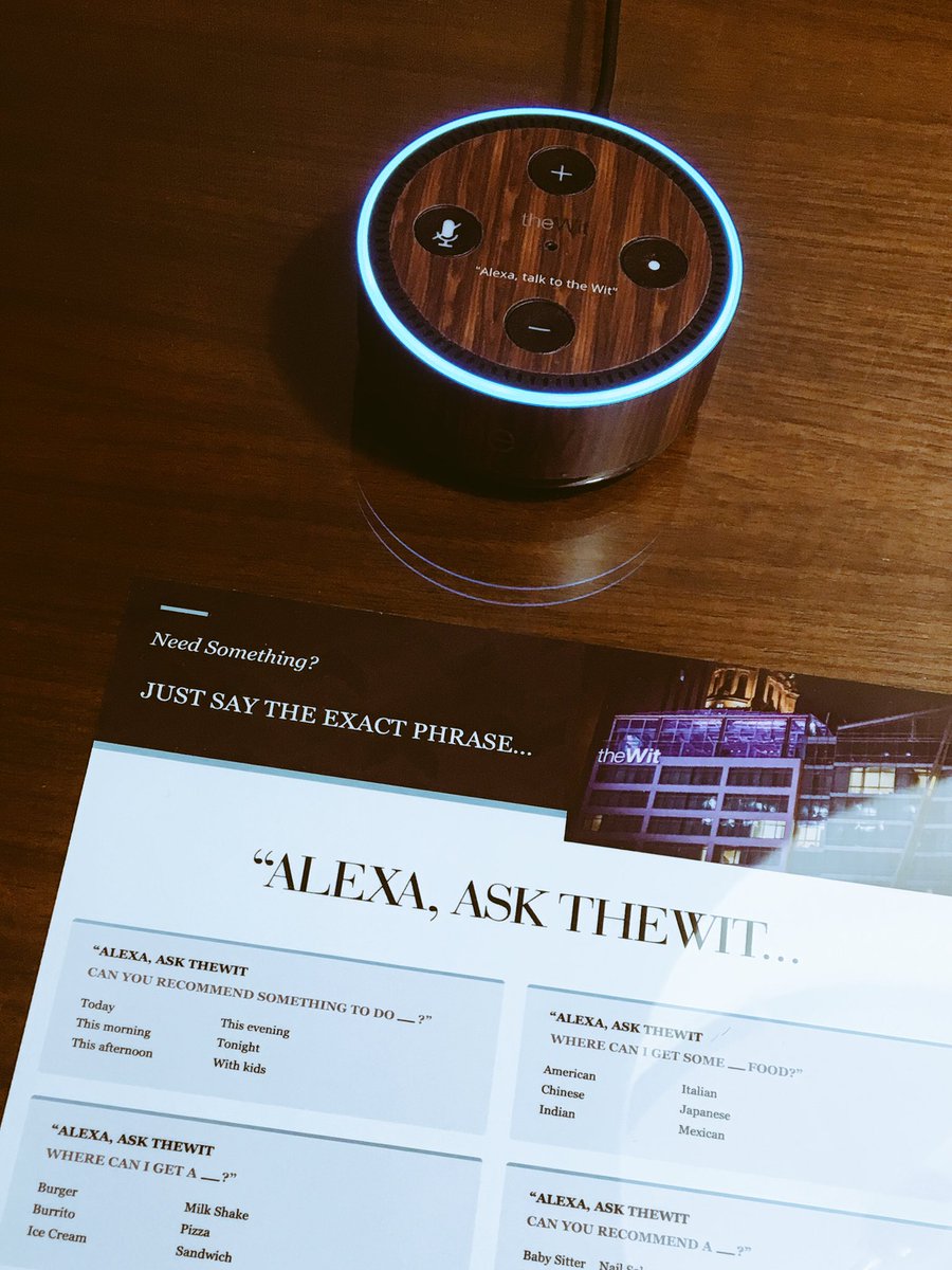 andrewdoy's tweet photo. Pretty cool having an Amazon Echo in the hotel room @theWitChicago to provide info but a real shame it doesn't control the lights! https://t.co/xhkIoSvlx7