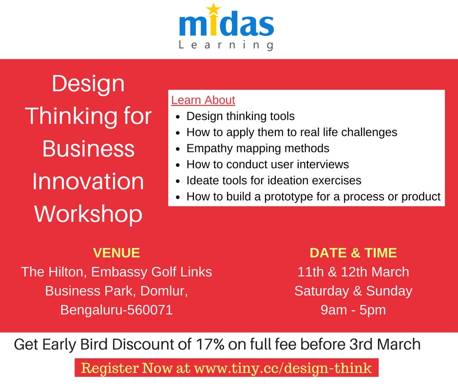 MidasLearning's tweet image. Join 2-day training #workshop to explore and understand the framework of #Design Thinking. To Register, visit buff.ly/2lVRG79