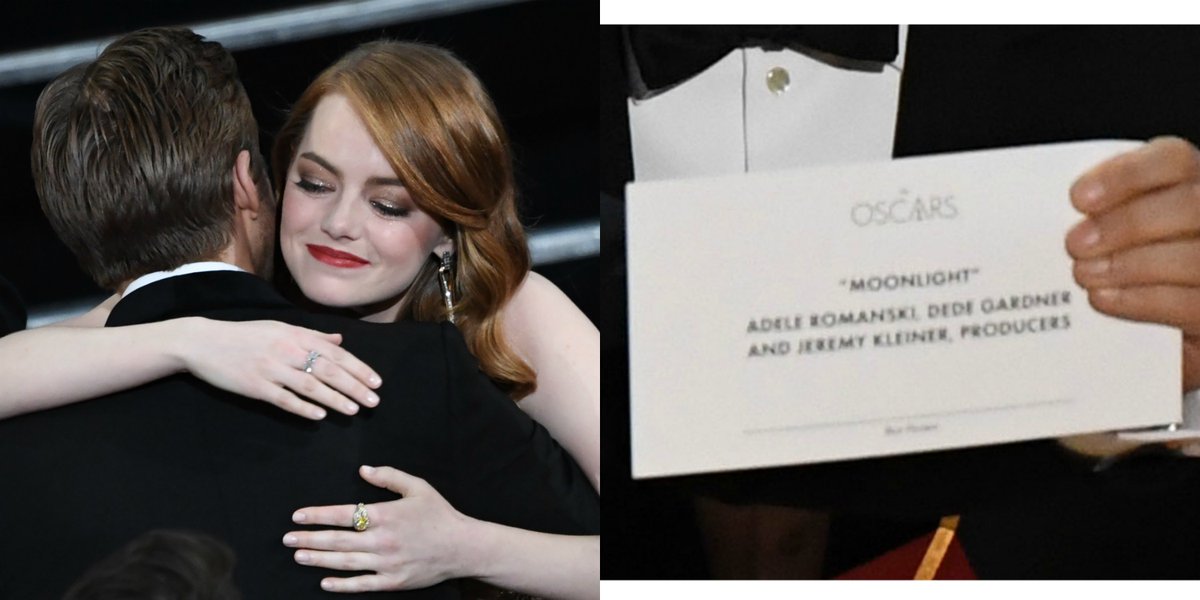 ELLEmagazine's tweet photo. 'Moonlight' wins #Oscar for Best Picture after 'Lala Land' was mistakenly announced (and gave their speech): https://t.co/gPSeQFFLfQ https://t.co/woFaJYY4VK