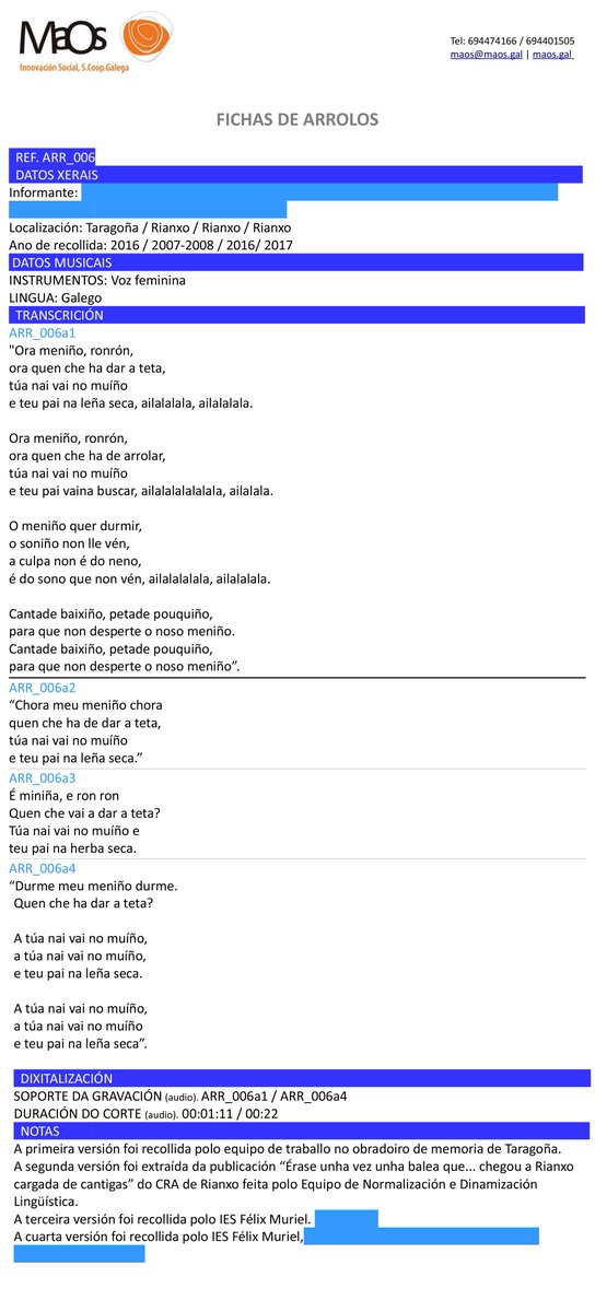 ArrolosRianxo's tweet photo. Cada #arrolo recollido ten unha ficha específica que o salvagarda para o futuro. Na foto tendes un exemplo. Traballando polo #Apego #Rianxo https://t.co/AcgDv8uJfC