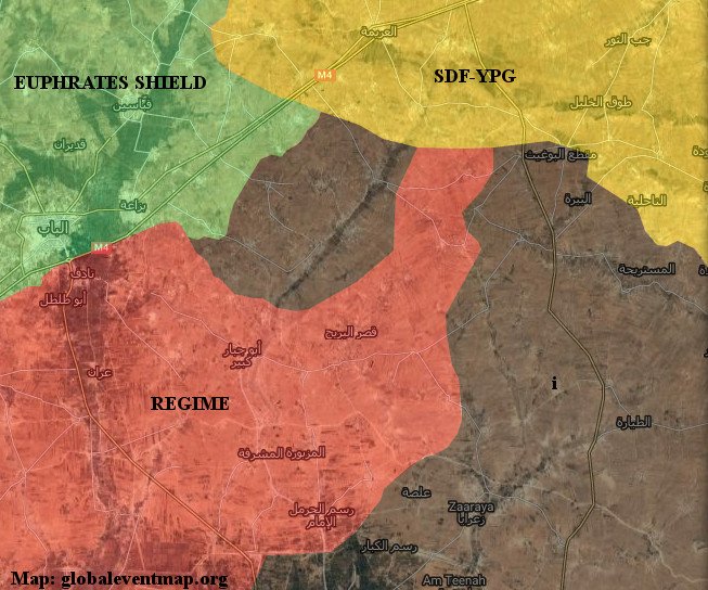 Gli avanzamenti dell'esercito siriano tra al Bab e Manbij, aggiornata al 27/02/2017. Credits to: Globaleventmap.org