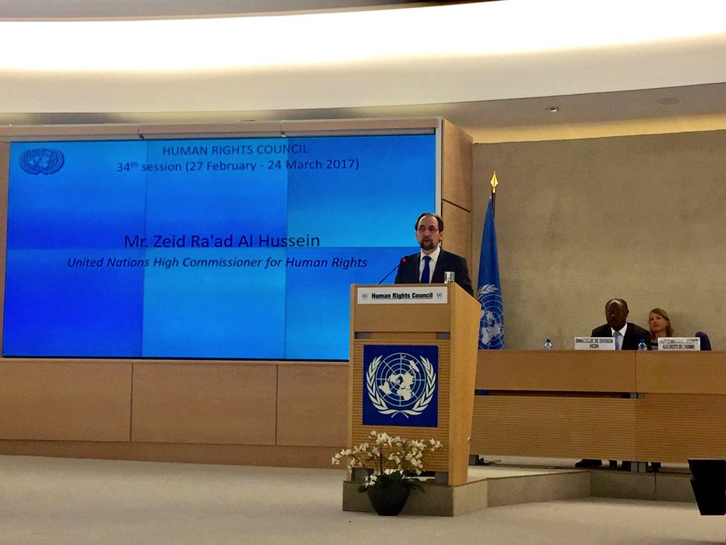 UNGeneva's tweet photo. High Commissioner Zeid: "When humans understand fully they have rights, it is next to impossible to make them un-know it" 
#HRC34 https://t.co/lkgTUMzhdw