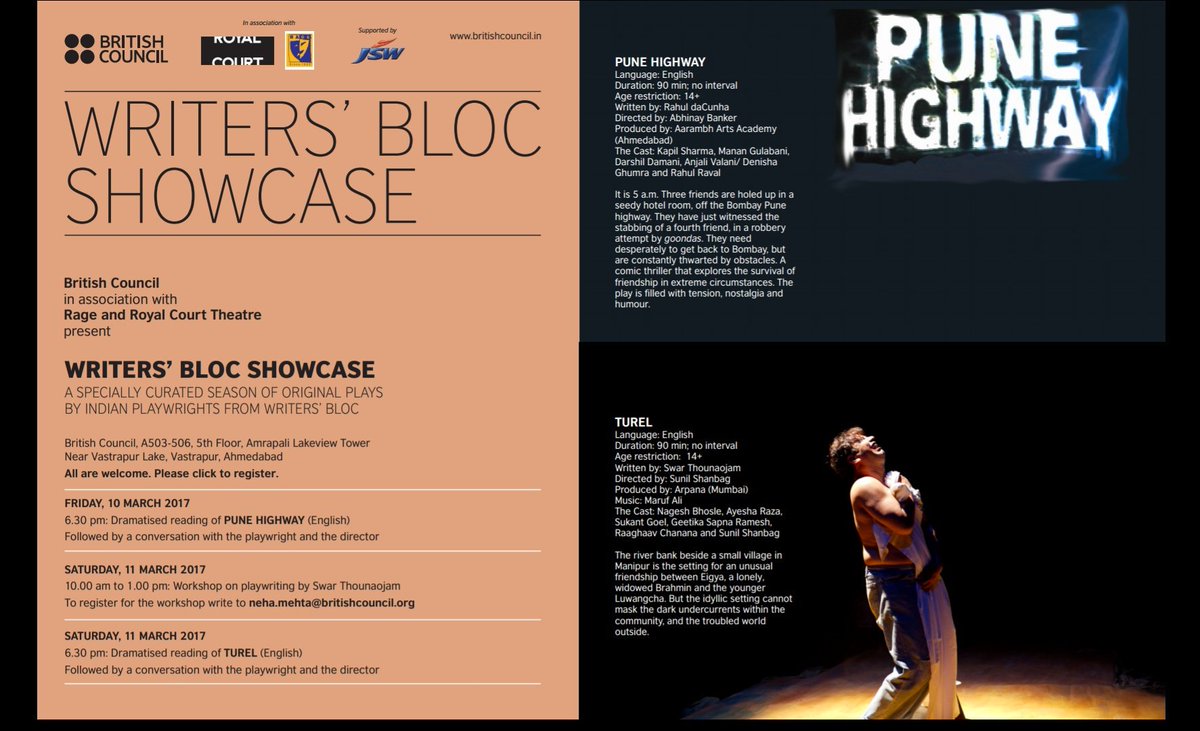 kdattu's tweet photo. #PuneHighway &amp; #Turel wonderful shows &amp; a wrkshp #WritersBlocShowcase by #Rage  @royalcourt @AarambhArts @inBritish #Ahmedabad 10-11 Mar'17 https://t.co/itmp5uIzRu