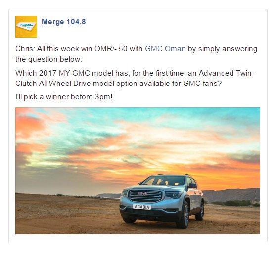 merge1048's tweet photo. Chris: You can win OMR/-50 cash today before 3pm with #GMCOman on our FB page https://t.co/XcQUFzvvdd https://t.co/yklNTUpjEI