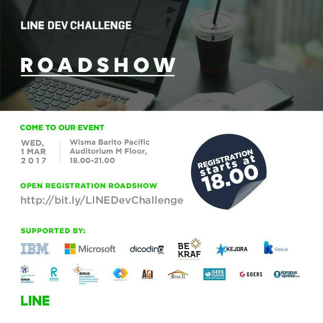 Ada hadiah uang tunai Rp800.000.000,00 dan kesempatan untuk bekerja dengan LINE!
 
LINE Dev Challenge Roadshow! klik bit.ly/LINEDevChallen…