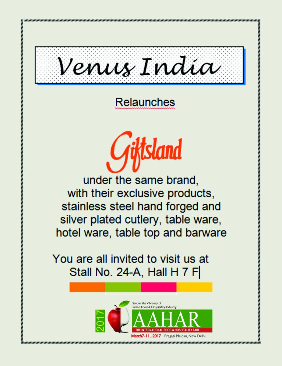 aaharfoodexpo's tweet photo. Venus India relaunches Giftsland.. Meet them @Aahar 2017 #silverplatedcutlery #tableware #topware #barware https://t.co/M8tWdrlNiQ