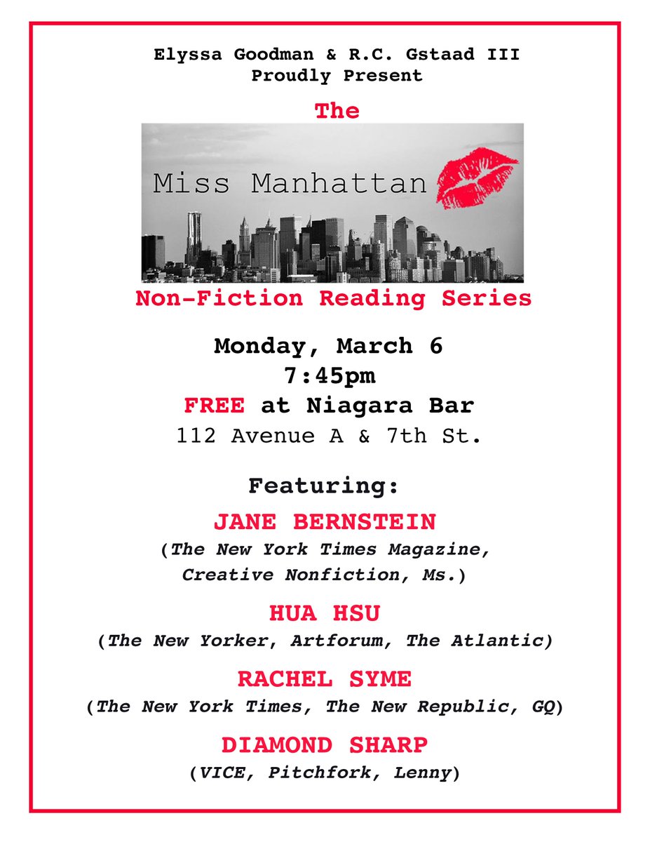 MissManhattanNY's tweet photo. ONE WEEK til March's #MissMReading, featuring the fab @Janebernwriter @huahsu @rachsyme @diamonde! https://t.co/tmvNLTyOrm https://t.co/zG8ciA3Rq6