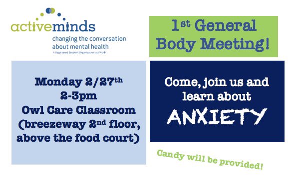 1st GBM TODAY 2-3pm at Owl Care Classroom (above food court)! Learn about ANXIETY and upcoming events! Bring your friends! FREE FOOD! 😎😎😎