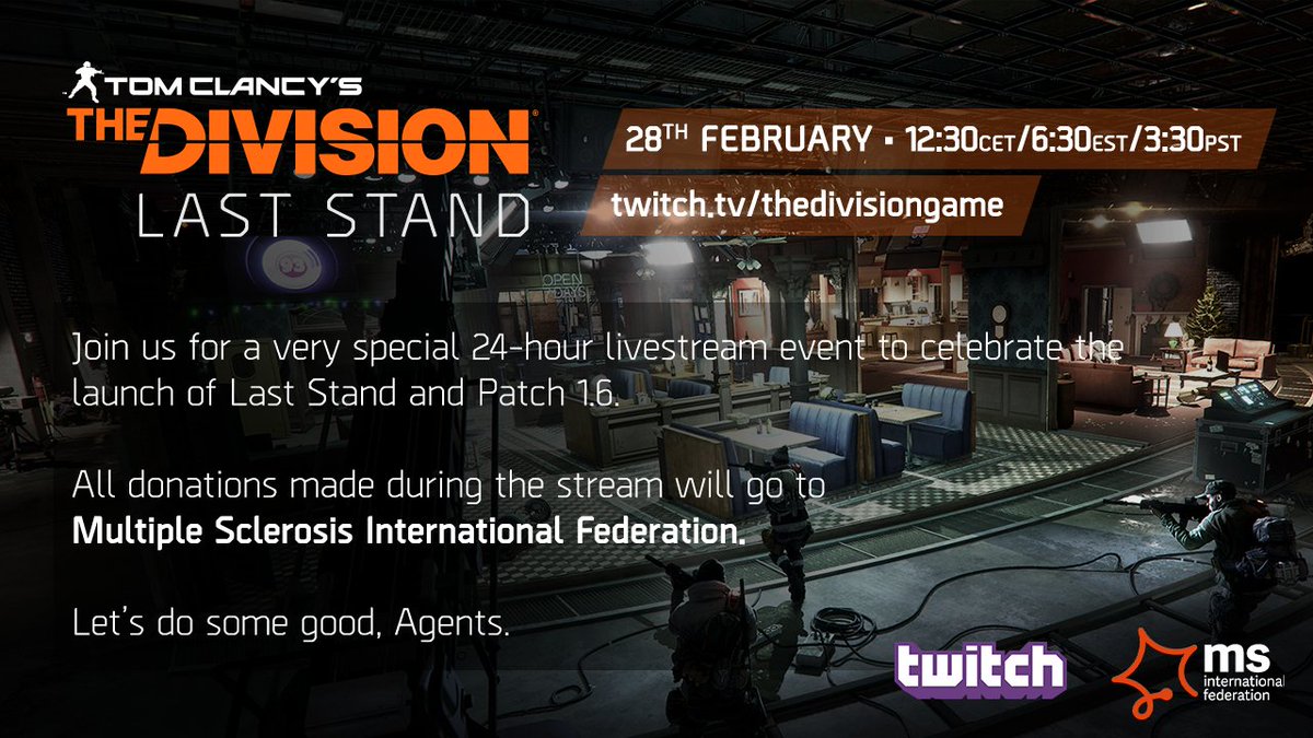 TheDivisionGame's tweet photo. Join us for some very special streams to celebrate the launch of Last Stand and Patch 1.6 tomorrow on @twitch https://t.co/WSnz4uwhT8 https://t.co/64IOWOyUkZ