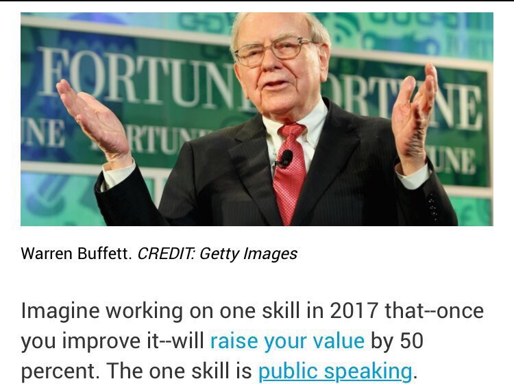 رجل الأعمال وارن بافيت: تخيل أن تعمل على تطوير مهارة واحدة في 2017 وهي التحدث أمام الجمهور ستزيد من قيمتك 50% في سوق العمل!
#المجتمع_الوظيفي