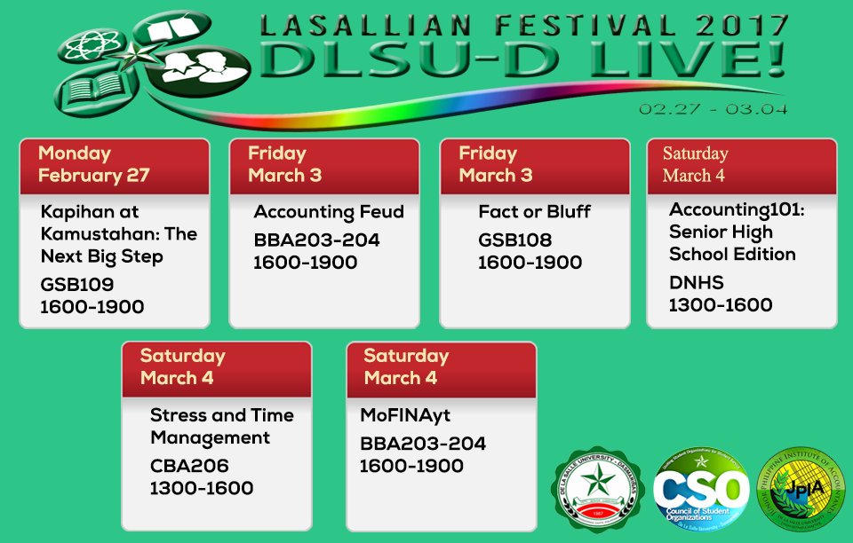 jpiadlsud's tweet photo. Heads up, JPIAns! Our LSF2017 activities are listed below. Be informed and enjoy the festivities. 😊

#LSF2017
#LIVE
#JPIADLSUD
#CSORSOFamily https://t.co/XYaVInr47z