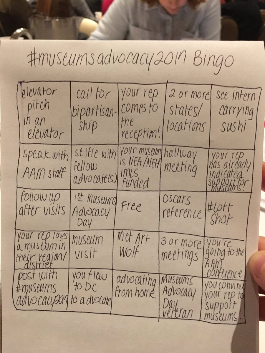 amsterli's tweet photo. I made my own #museumsadvocacy2017 bingo sheet! @AAMers @msjskennedy @DustinGrowick #ITweetMuseums https://t.co/agk8vkVLmW