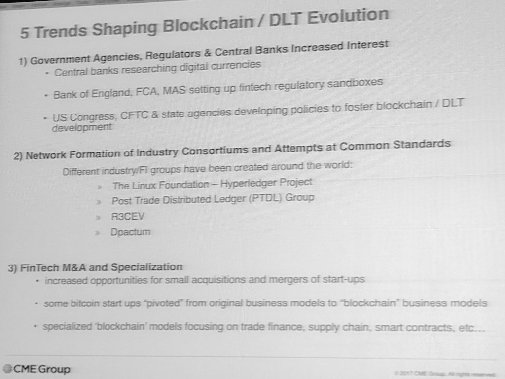 schwentker's tweet photo. 5 DLT trends:
Govt/Central Bank interest
Consortiums/Standards
FinTech M&amp;A
Tech convergence
Transparency/non-Fintech
@srolondon #distmarkets https://t.co/zKolP3fLz7