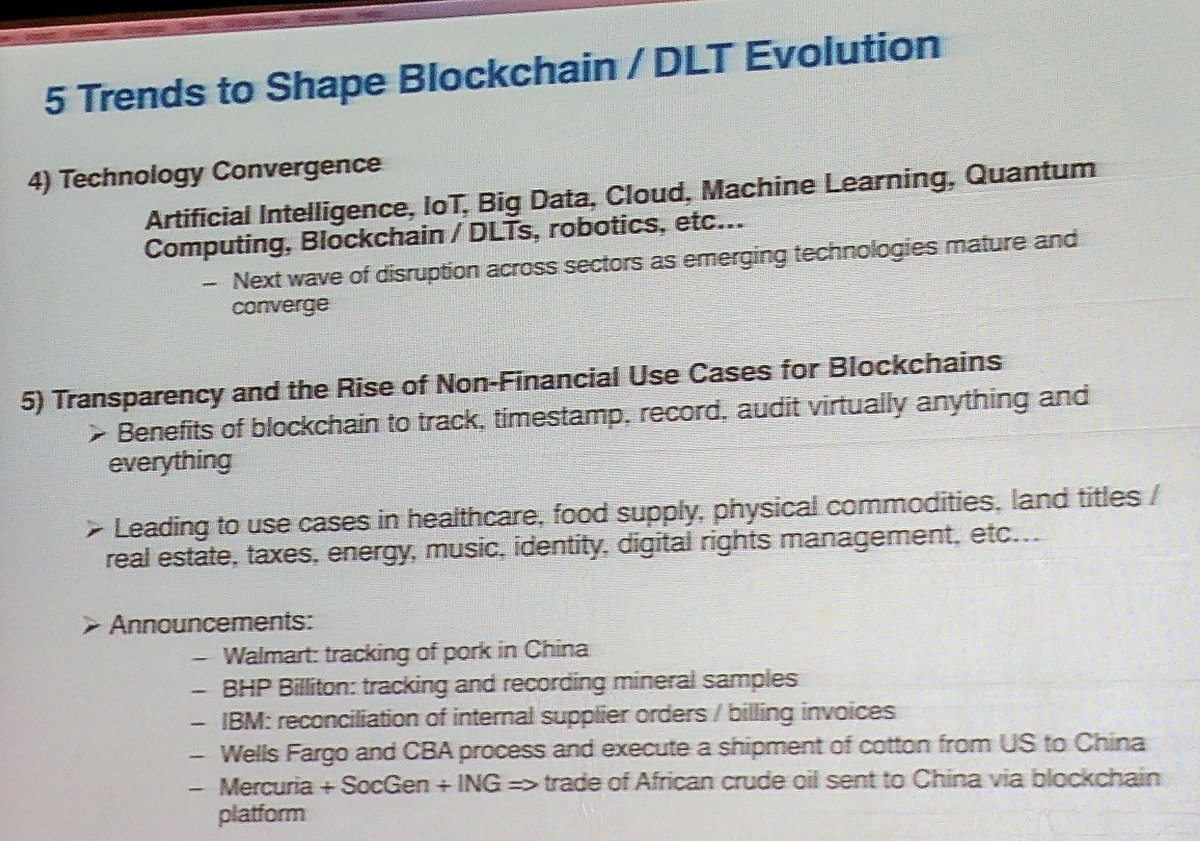 schwentker's tweet photo. 5 DLT trends:
Govt/Central Bank interest
Consortiums/Standards
FinTech M&amp;A
Tech convergence
Transparency/non-Fintech
@srolondon #distmarkets https://t.co/zKolP3fLz7
