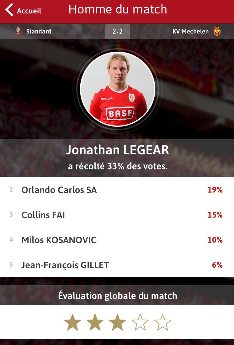 Standard_RSCL's tweet photo. APP | Homme du match après #stakvm: Jonathan Legear 👍🏼 #StandardApp https://t.co/jX2MHAqp7a