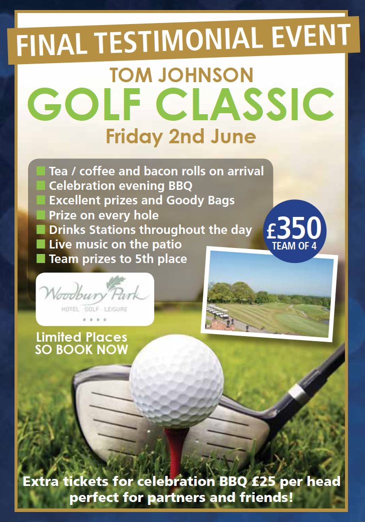 Very limited spaces left at our final event - the Tom Johnson Golf Classic <a href="/Woodbury_Park/">Woodbury Park Hotel</a> 2nd June .We can't wait!!