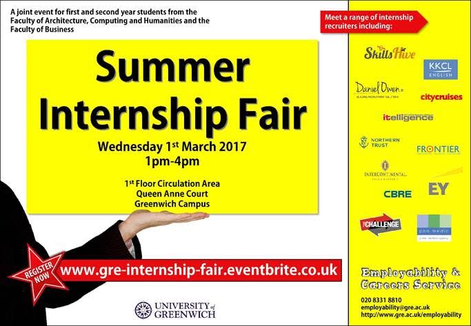 greenwichsu's tweet photo. University of Greenwich Summer Internship Fair 2017 is taking place this Wednesday (1st March). Register here: https://t.co/4Vn162og8P https://t.co/ZleH1D4Ldj