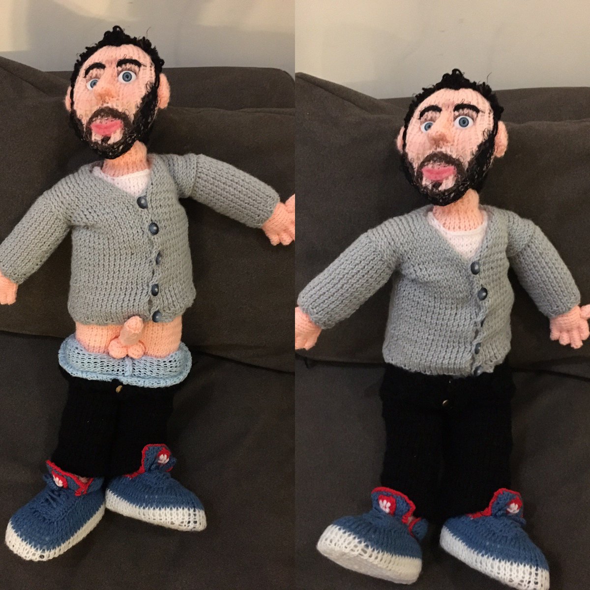 jackwhitehall's tweet photo. Some amazing fan art left for me in Leeds by @lifesawitch knitted doll of me complete with genitals. https://t.co/OxnX1DzUt0