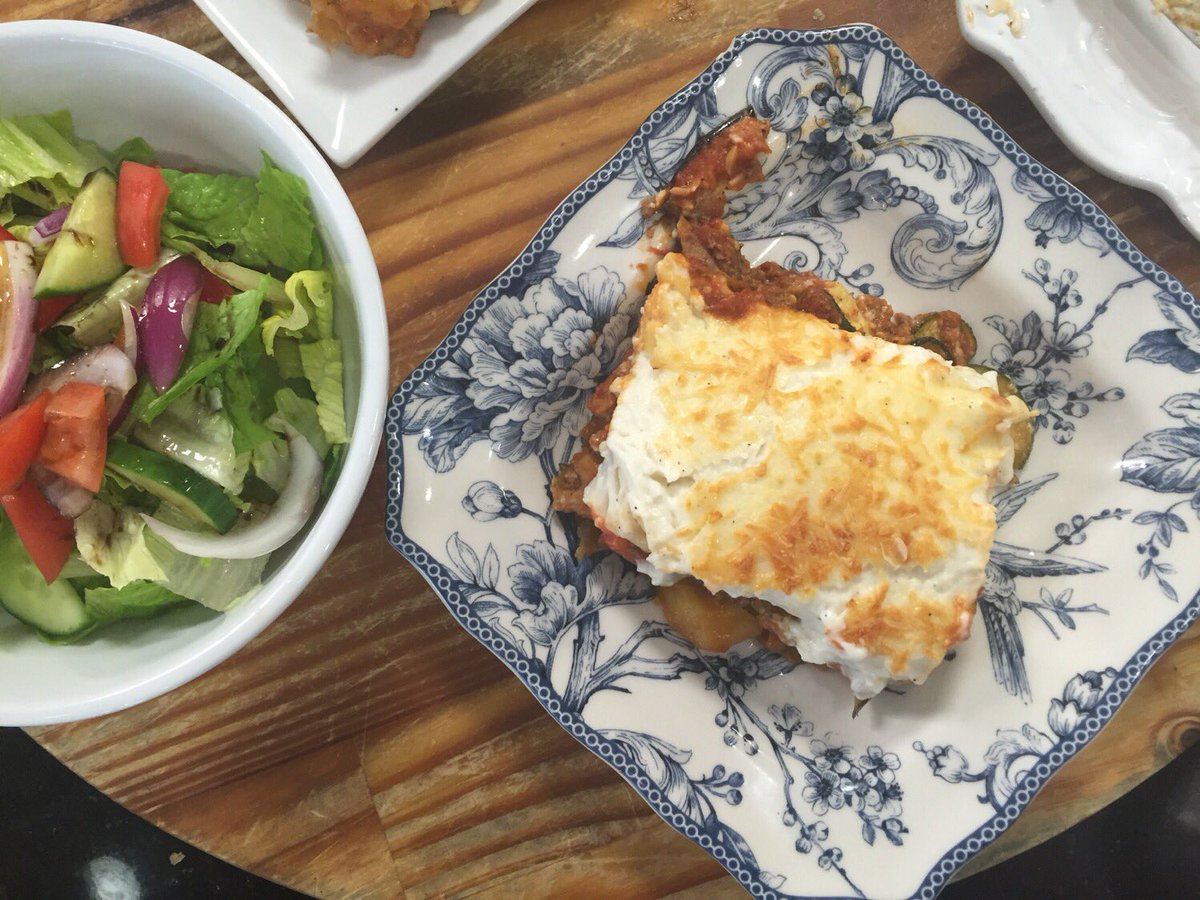 alfaPieHouse's tweet photo. Moussaka is love + we make it every Wed! Spices, roasted eggplant, red peppers, carrots, zucchini, and béchamel, baked into pure happiness. https://t.co/PbLqApoICh