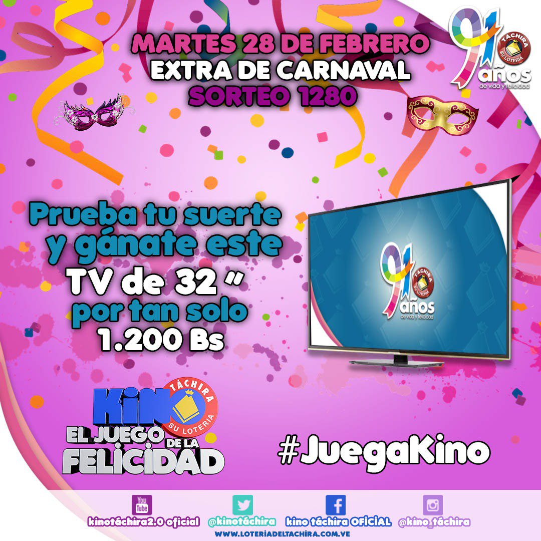 ConSentidoLibre's tweet photo. Mañana un TV32" puede ser tuyo con el #ExtraDeCarnaval, busca tus cartones este martes tenemos para ti 105 millones de Bs! #JuegaKino https://t.co/jKXv0Wodef