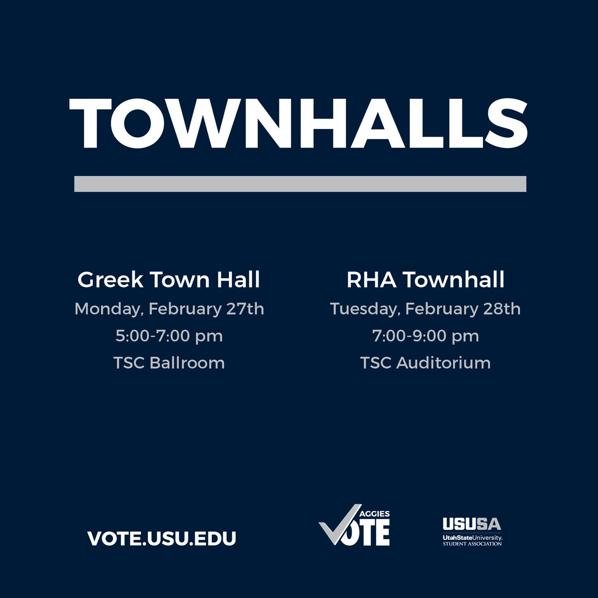 USUSAevents's tweet photo. Happy voting day Aggies! Make sure to go vote at https://t.co/qs5pLxwALP it only takes a second! Also, town halls are tonight and tomorrow! https://t.co/jMXtxgSOmn
