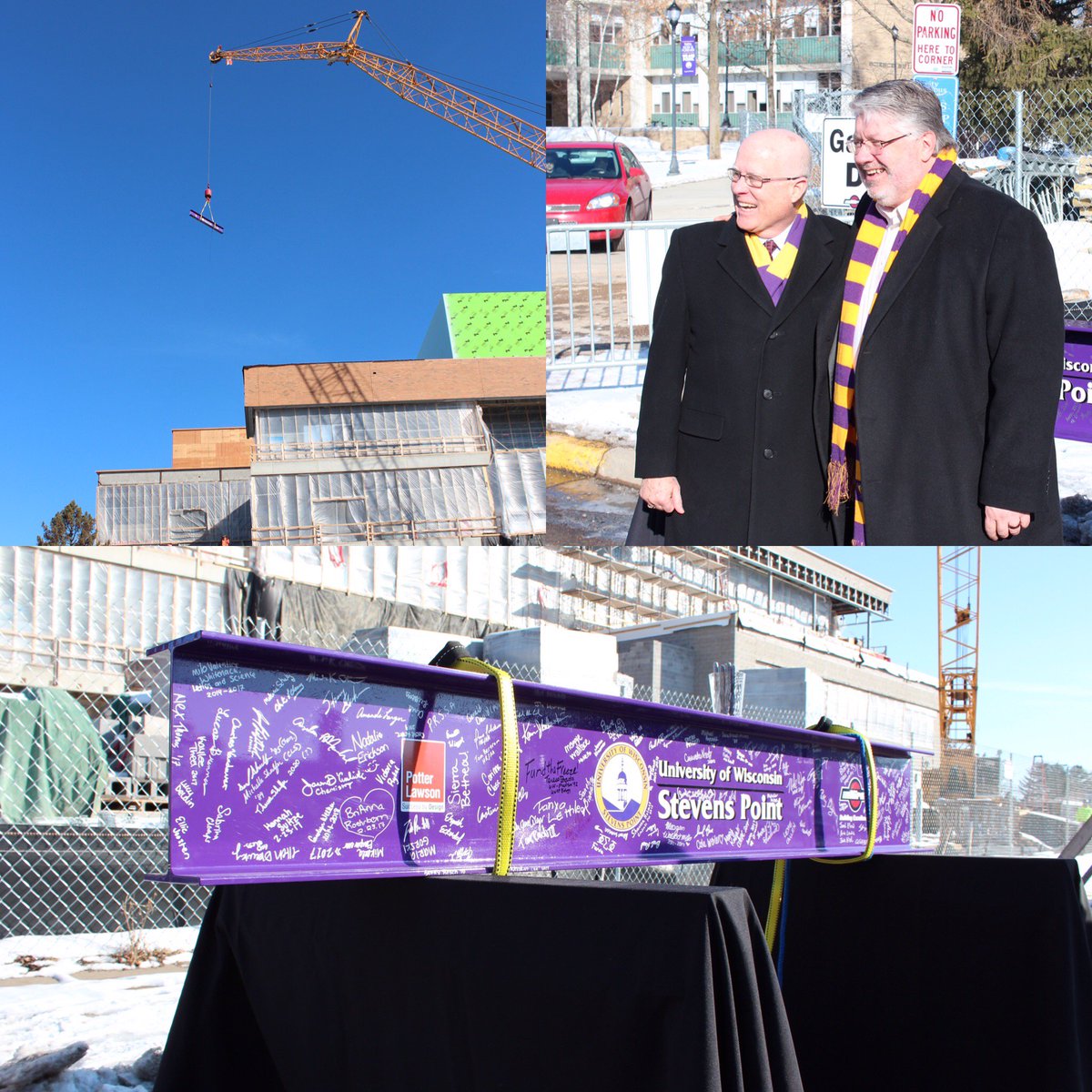 UWSPcols's tweet photo. Beautiful morning for the topping out ceremony marking the highest point in construction of the new Chemistry Biology Building! #UWSP https://t.co/y9Sv0ze3Dm