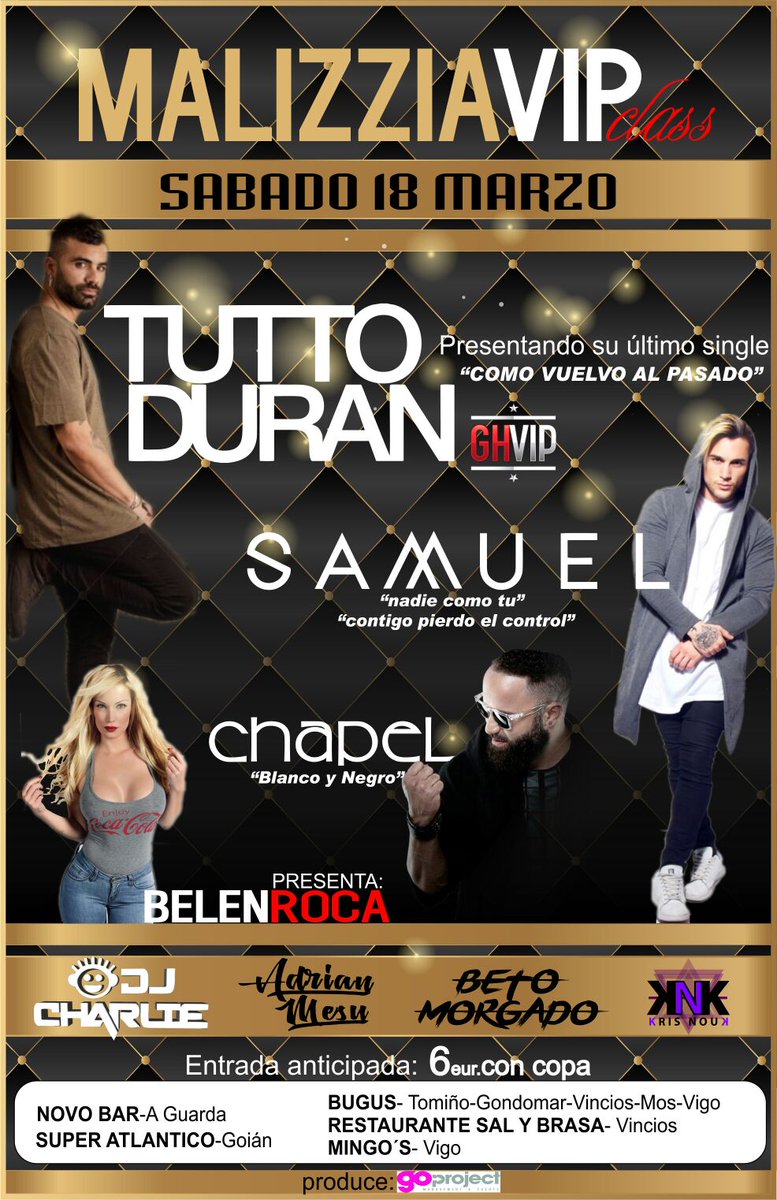 Entradas a la venta para #malizziavipclass <a href="/SamuelOfficialS/">S A M U E L</a> <a href="/tuttoduran/">Tutto Durán</a> <a href="/ElierChapel/">Elierchapel</a> <a href="/Adrianmesu/">Adrian Mesu</a> <a href="/AlvaroMalvar/">Malvar</a> <a href="/djcharliestyle/">DJ Charlie</a> <a href="/BelenRoca_/">Belén Roca</a>