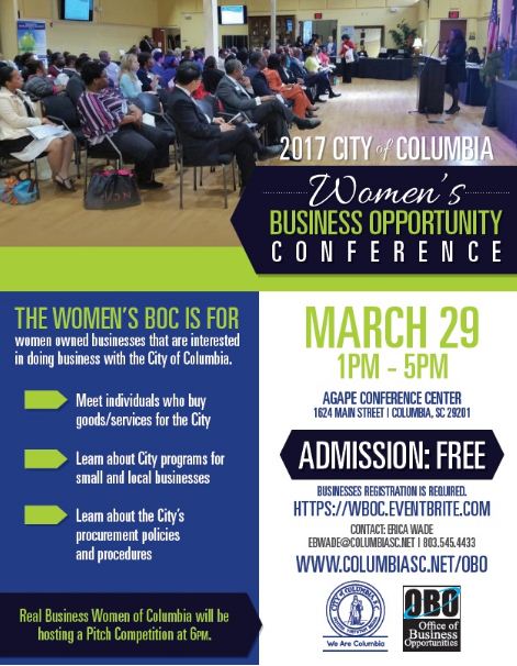 CityofColumbia's tweet image. .@ColumbiaObo will host a Women’s Business Opportunity Conference on Wed., Mar. 29, at AGAPE Conference Center from 1-5 PM #smallbiz