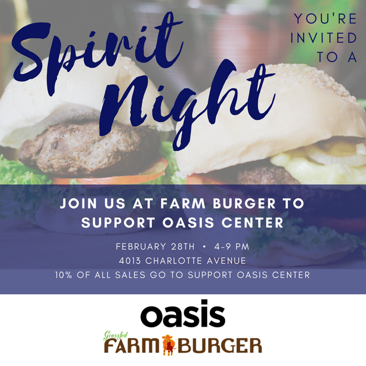 Tomorrow night at <a href="/FarmBurger/">Farm Burger</a> Nashville, join us for #SpiritNight! Good grub that benefits Oasis! 4-9pm Burgers, sides, salads &amp; more!