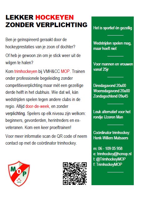 Lekker #hockeyen zonder verplichting? Doe mee met #trimhockey op VMH&amp;CC MOP. Kom eens proeftrainen! <a href="/hcmop/">VMH&CC MOP</a> <a href="/Hockeywerkt/">HockeyWerkt</a> <a href="/HockeyStyle/">HockeyStyle.NL</a>
