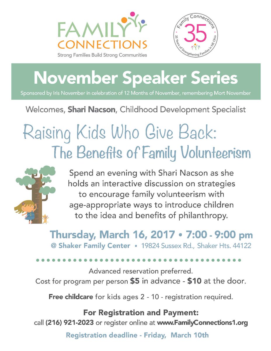 NHSCleveland's tweet photo. Family Connections is holding a special program about family volunteerism &amp; philanthropy @ShakerOnline Family Cnt. Reserve now! @ShariNacson https://t.co/QDWJJNOLGa