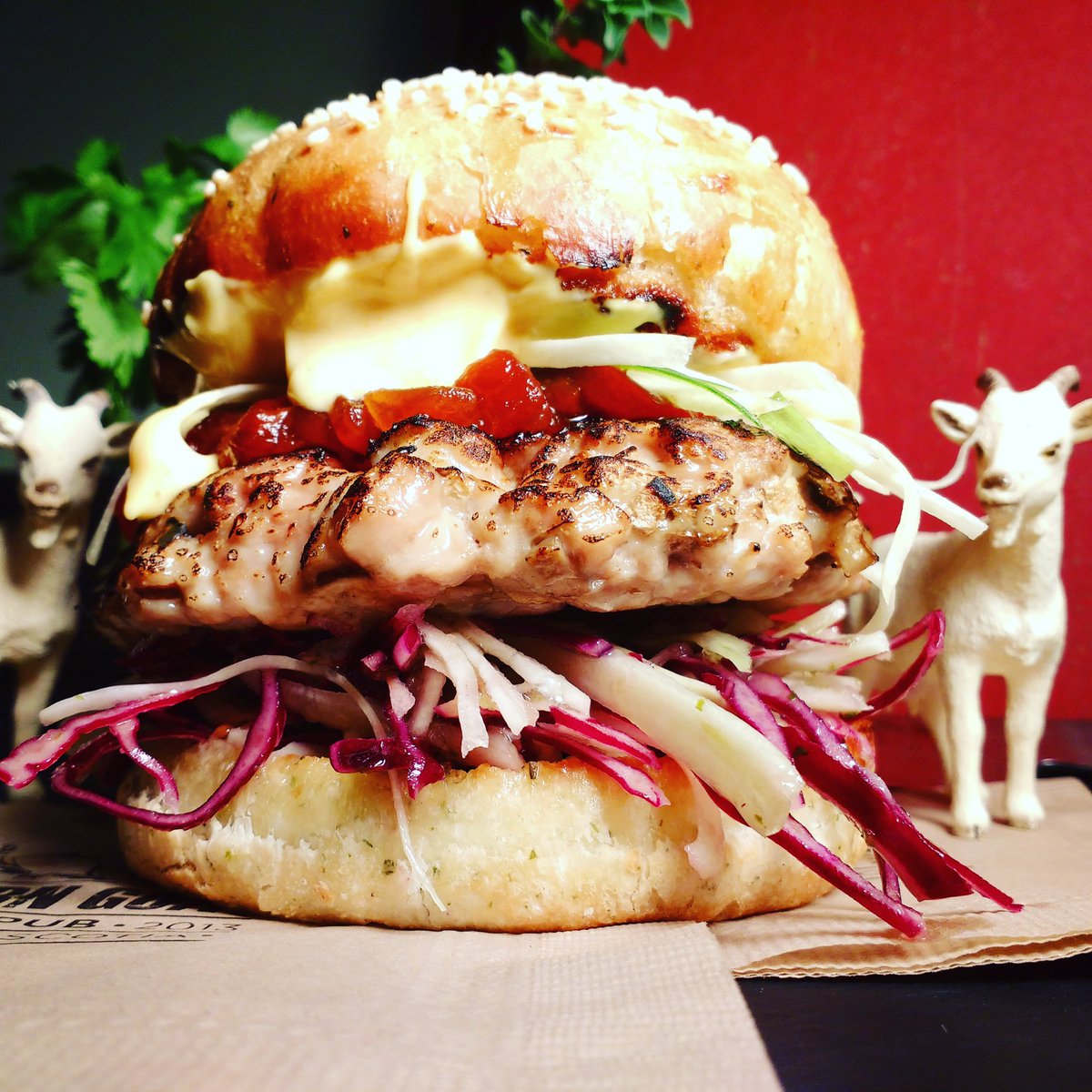 TheStubbornGoat's tweet photo. Thai Duckin Burger for #hfxburgerweek chicken patty, confit duck &amp; tomato relish, sesame-orange slaw, miso foie aioli, daikon &amp; green onion https://t.co/SUhdqjxiao