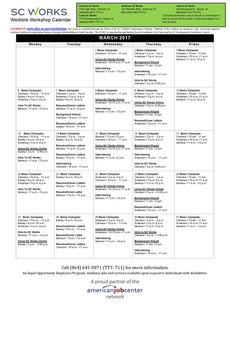 SCWorksWorkLink's tweet photo. Get prepared for our March 21 Job Fair @TCTCedu by checking out upcoming SC Works Workshops. #SCWorksAOP #BetheNext1 https://t.co/OKbto2cili