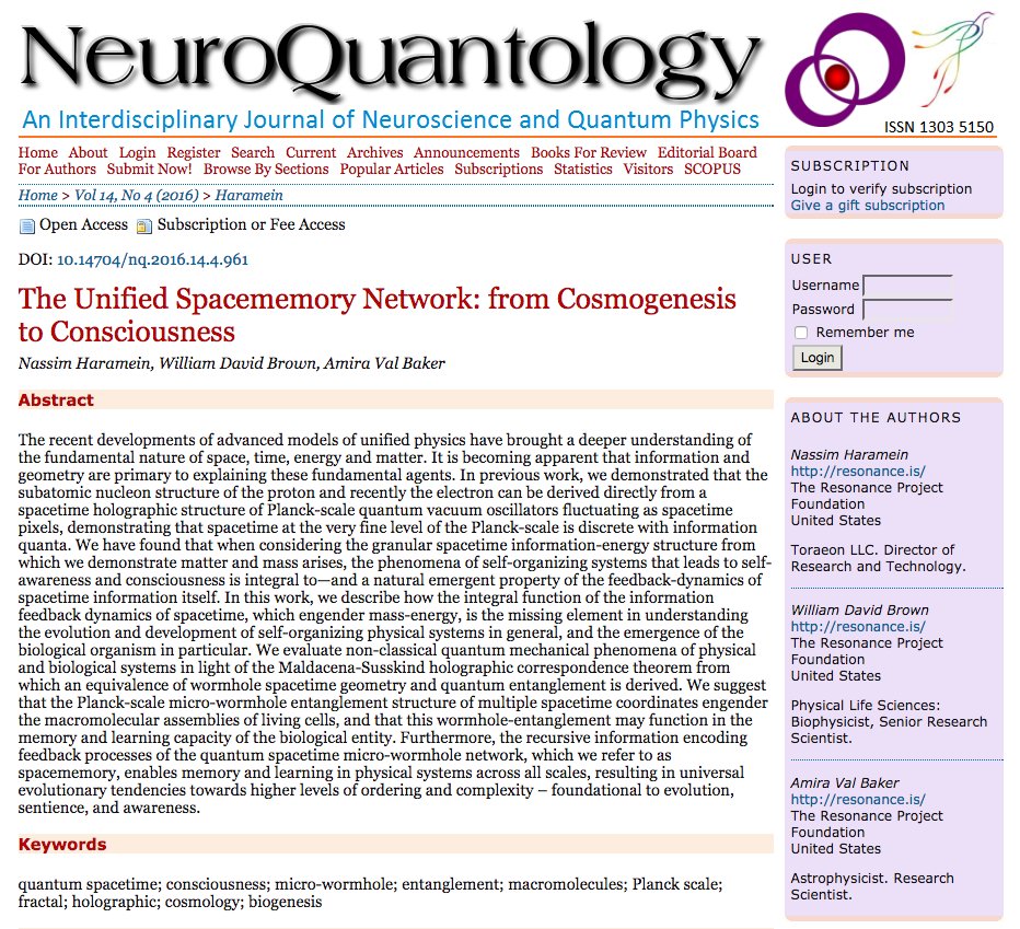 intlspacefed's tweet photo. New paper by @NassimHaramein #WilliamBrown #AmiraValBaker "Unified Spacememory Network" published @NeuroQuantology…… https://t.co/2NuBwb6VKa https://t.co/fMILuoPFkI