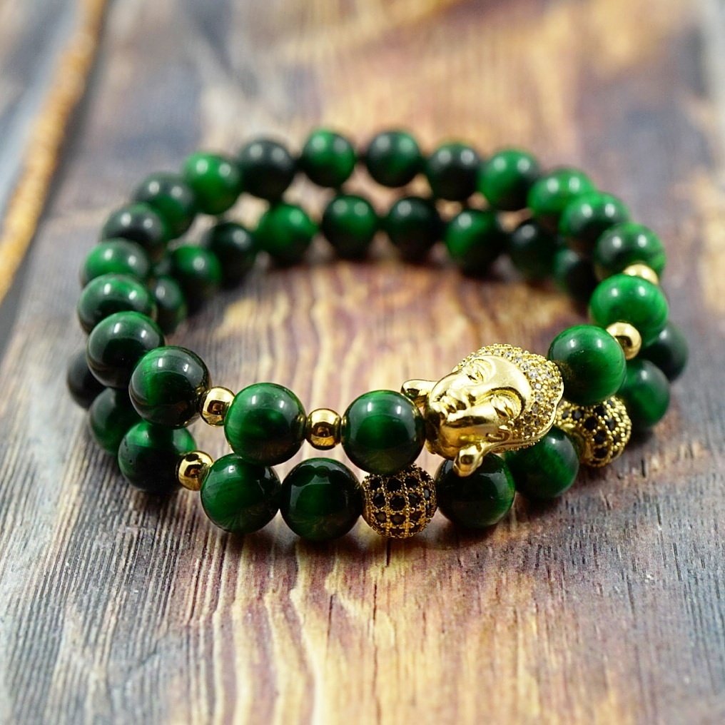 Lucky Buddha in Yellow Gold, CZ Diamond a&amp;Green Tiger's Eye #GentStone #mensbracelet #womensbracelets #handmadeincanada #vancity #madeinvan
