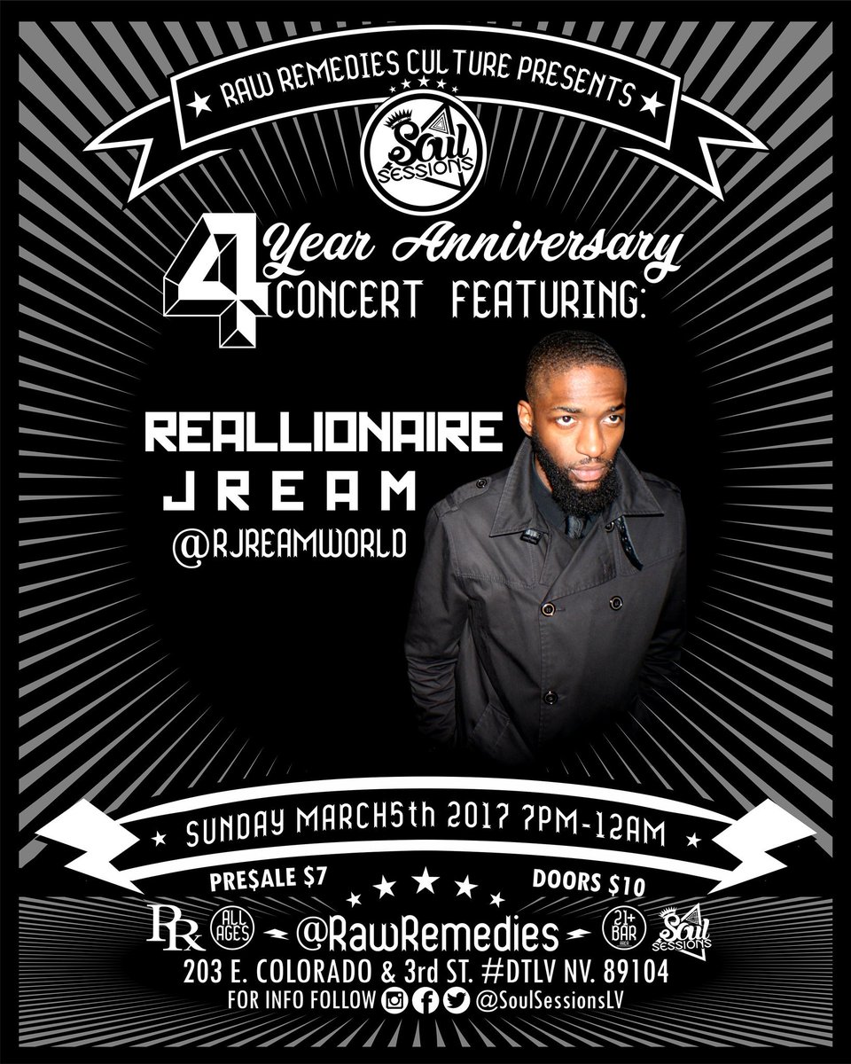 SoulSessionsLV's tweet photo. He's baaacck!! @rJreamworld will be blessing our stage MARCH 5TH!

MARK THOSE CALENDARS!!!

$7 PRE$ TIX https://t.co/PoSJpu8AoU
$10 @ DOOR https://t.co/rEHXeIRaxH