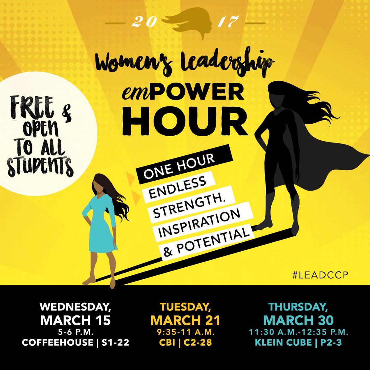 CCPedu's tweet photo. Colonials! Join us for the Women's Leadership emPower Hour beginning March 15th! This event is free to all students. #LeadCCP and #staytuned https://t.co/QQBXB27gDl