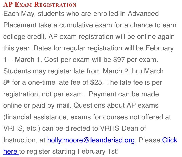 Deadline is fast approaching for AP exams! Register and pay by Wednesday to avoid the $25 late fee!