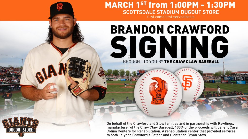 SFGDugoutStore's tweet photo. 🖊SIGNING🖊🚨ALERT!🚨
⚾️ @bcraw35
🏜Scottsdale Stadium Giants Dugout Store
🕐-🕜 1:00pm-1:30pm
Brought to you by the Craw Claw Ball!
#sfgiants https://t.co/xj2ZWcSaQn
