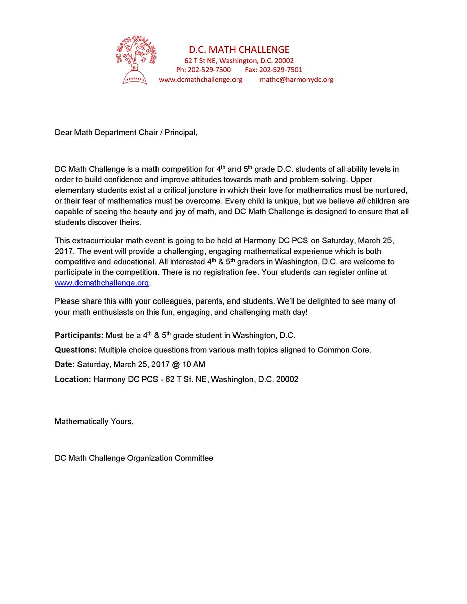 dcmathchallenge's tweet image. Letter for D.C. Schools
We invite all 4th & 5th graders to take this challenge. 🆓admission
@dcpublicschools @DCPS_Math @dcpcsb