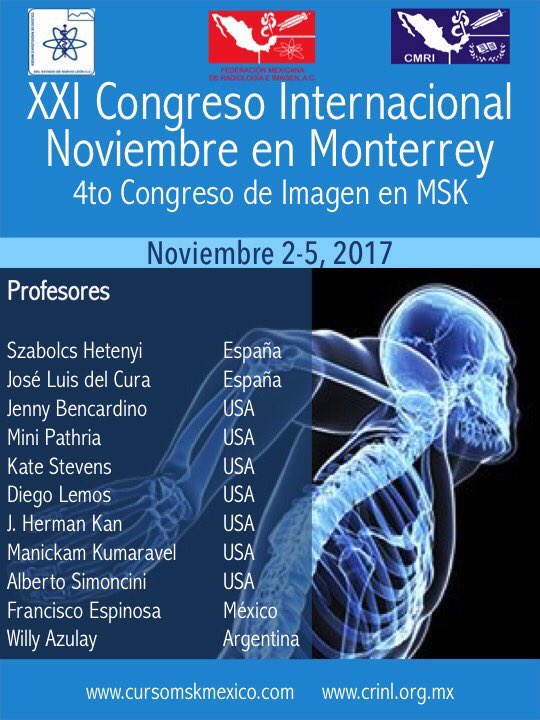 CursoMSKMexico's tweet photo. PROGRAMA. 4to Congreso Internacional #MSKImaging Noviembre 2-5, 2017. Monterrey, Mรฉxico.
https://t.co/PHhtwXTfU4
#MSKRadiology #MSKCourse https://t.co/Jewi6NKWbH