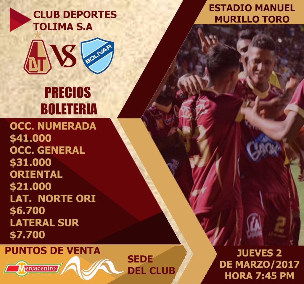 TertuliaIbague's tweet photo. Precios de boleteria para el compromiso de este jueves entre @cdtolima y @Bolivar_Oficial por #CopaSudamericana https://t.co/aNYc7TpxQa