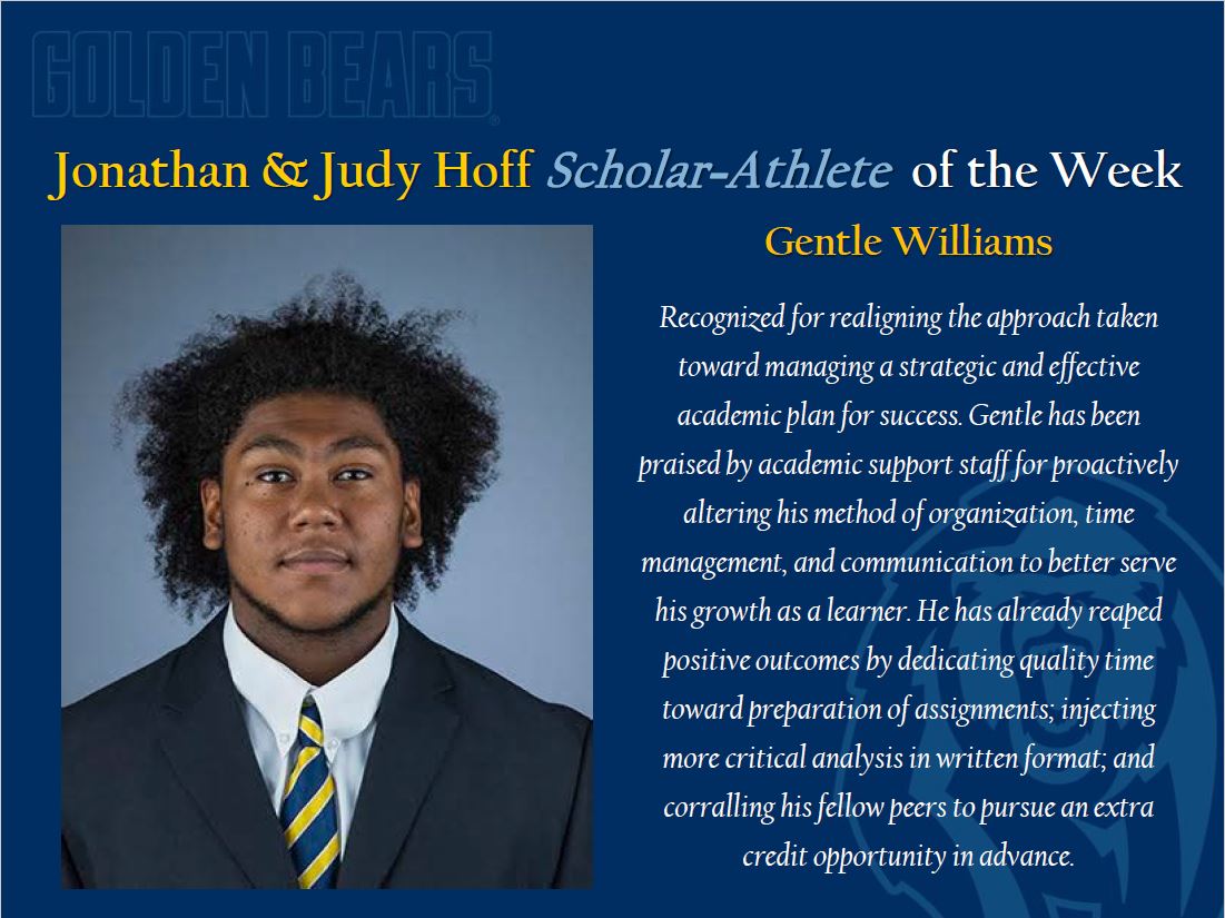 UCBerkeley_ASC's tweet photo. Our Jonathan &amp; Judy Hoff Scholar Athlete of the week is @CalFootball's Gentle Williams. Congrats @afroman64! @CalATHLETICS https://t.co/K1ruXdiEV4