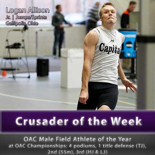 cap_athletics's tweet photo. This week's Crusader of the Week is none other than Logan Allison after his 4 podium trips at the #OAC T&F Championships! #capfam #capmtf https://t.co/TngU5G9BIo